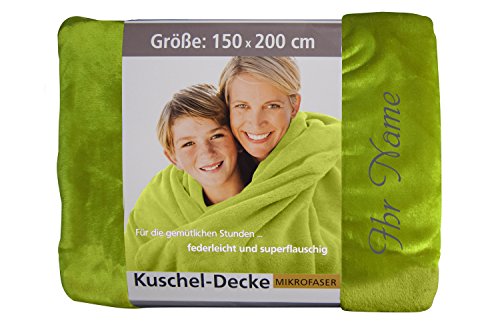 KringsFashion Premium Kuscheldecke 150 x 200 cm - Individuell anpassbar mit Namen und Text - Hochwertige Decke aus 100 % Polyester - Tagesdecke-Farbe Grün-Stickfarbe wählbar von Krings Fashion