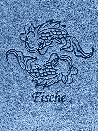 KringsFashion Duschtuch mit Sternzeichen 3 Fische (Geburtstag 20.02. - 20.03.), hochwertig Bestickt, 70x140cm, Farbe: Fjord/Blau, Stickfarbe Tierkreiszeichen: Blau von KringsFashion