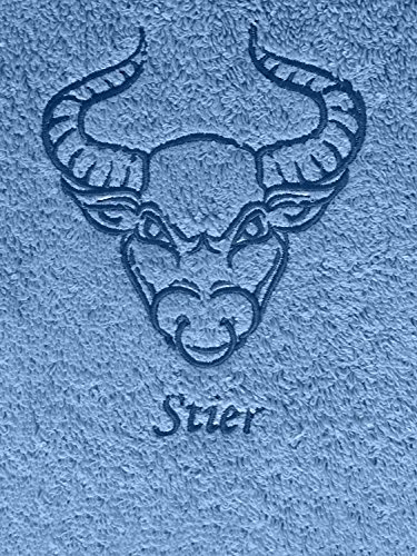 KringsFashion Duschtuch mit Sternzeichen 5 Stier (Geburtstag 21.04. - 20.05.), hochwertig Bestickt, 70x140cm, Farbe: Fjord/Blau, Stickfarbe Tierkreiszeichen: Blau von KringsFashion
