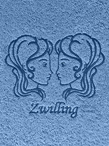 KringsFashion Duschtuch mit Sternzeichen 6 Zwilling (Geburtstag 21.05. - 21.06.), hochwertig Bestickt, 70x140cm, Farbe: Fjord/Blau, Stickfarbe Tierkreiszeichen: Blau von Krings Fashion