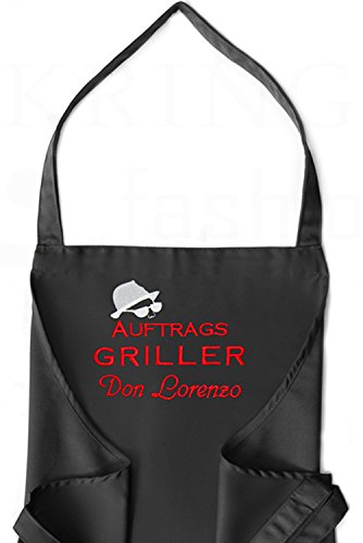 Schürze Auftragsgriller + Name, hochwertig bestickt, nach Wunsch, Latzschürze, Grillschürze, Schürzenfarbe schwarz, Schürze und Stickerei deutsche Produktion; Mitteilung Name siehe Produktbeschreibung von KringsFashion