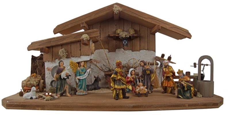Krippenursel Krippe Weihnachtskrippe Hartmannshof inkl. 11-tlg. Figurensatz K 604, (1-tlg), Handarbeit aus Holz und Naturmaterialien inklusive Figurensatz von Krippenursel