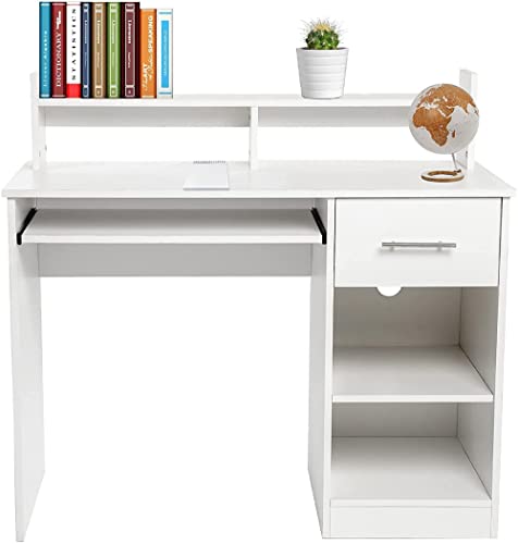 Computertisch mit Schublade und offenen Regalen, Tastaturablage, großer Stauraum für Home Office, Arbeitszimmer, Schreibtisch, moderner Holztisch, Weiß von Krisha Krafts