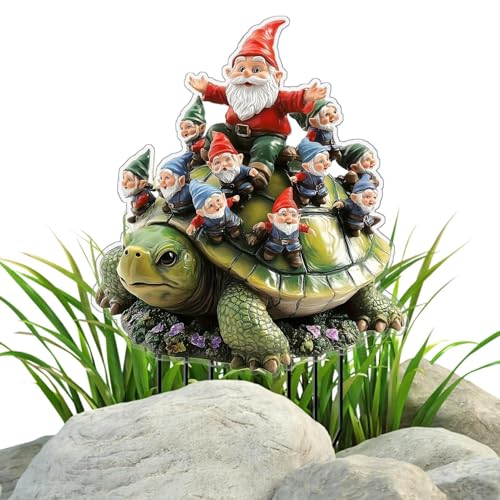Krmoau Bodenhaken | Acryl 2D Flacher Gartenzwerg Auf Schildkröte | Steckschilder Deko Erdspieße Zierstäbe Für Blumentopf Beet Weg Außenbereich Vorgarten Terrasse Hof von Krmoau