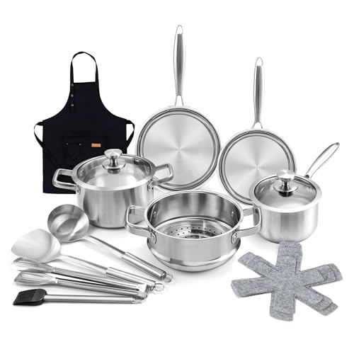 Edelstahl Töpfe und Pfannen Set, 16-Teilige Edelstahl Topfsets mit Dampfgarer und Glasdeckeln, Kochgeschirrset kompatibel mit allen Herden von KroWallu