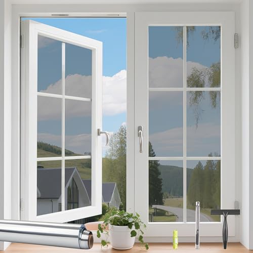 KROMAPOLIS Fensterfolie Blickdicht von Aussen, Spiegelfolie Fenster Sichtschutz Selbstklebend, Hitzeisolierend und UV-Beständig,Silber Farben 44,5 x 200 von Kromapolis