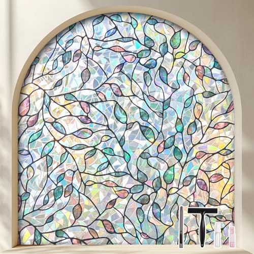 KROMAPOLIS Fensterschutzfolie Regenbogen Botanisches Blatt Fensterfolie Anti UV Floral Grünes Blattmuster Dekorativ Statisch Selbstklebend Für Büro Küche Wohnzimmer Schlafzimmer (60 * 400cm) von Kromapolis