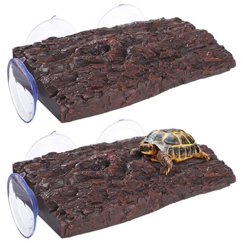Kronabelle Aquarium Terrarium Schildkröte Sonnenplattformen Schildkröte Kletterdock 2 Stück Harz mit Saugnäpfen Natürliche Rinde Textur Reptilien Ruheterrasse für Eidechsen Frösche Amphibien von Kronabelle