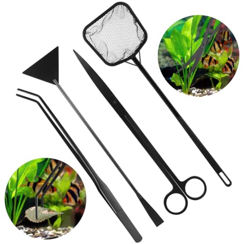 Kronabelle Aquarium Werkzeug Set, 4-teilig, gebogene Schere, Pinzette, Sandspatel & Fischnetz für und Tankreinigung von Kronabelle