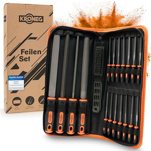 KRONEG Feilenset - [21-teiliges] Feilen Set - Hochwertige Stahl Metallfeilen für Holz, Metall & Kunststoff - Feilensatz mit Kreuzhieb - Schlüsselfeilen - Inkl. Tragetasche, Drahtbürste & 4-in-1 Feile von Kroneg