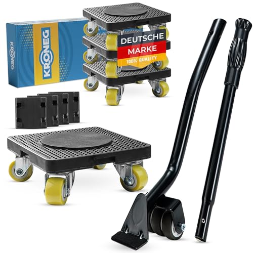 KRONEG Möbelroller | Set aus 4 Möbeltransportrollen & Flex-FIT Technologie | 360 Grad Roller, Möbelheber mit Griff, 4 Höhenregler | Möbelgleiter ideal für schwere Möbel bis 200 kg Belastbar von Kroneg