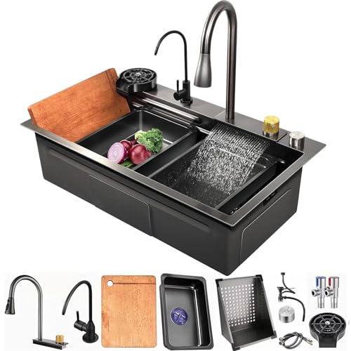 Küchen Spülbecken Deluxe Multifunktionale Edelstahlspüle Modernes Wasserfall Schwarze Spüle mit Multifunktionswasserhahn, Tassenwaschanlage und Seifenspender（75 * 45cm） von Kroscro