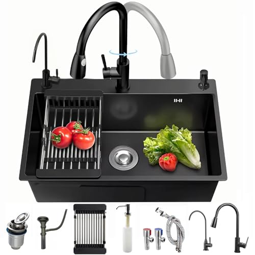Küchen Spülbecken Edelstahl Küchen Waschbecken Praktisches Schwarze Spüle Spülbecken mit armatur set Mit Tassenspüler, Seifenspender und Ablaufgarnitur (72 * 45cm) von Kroscro