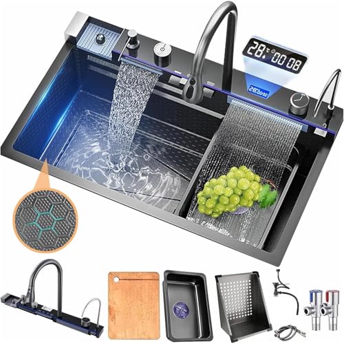 Küchenwaschbecken Deluxe Multifunktionale Edelstahlspüle Modernes Wasserfall Schwarze Spüle mit Digitale Wasserhähne, Tassenwaschanlage und Seifenspender （85 * 45cm） von Kroscro