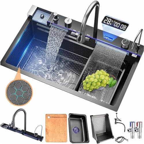 Spülbecken Edelstahl Multifunktions Luxus Küchenspüle, Spüle Schwarz Einbauspüle Praktische intelligente Spülen mit Zubehör (Dunkelgrau,75 * 45cm) von Kroscro