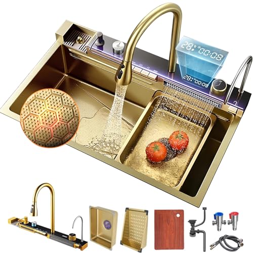 Küchenwaschbecken Deluxe Multifunktionale Edelstahlspüle Modernes Wasserfall Schwarze Spüle mit Digitale Wasserhähne, Tassenwaschanlage und Seifenspender （Gold,80 * 45cm） von Kroscro