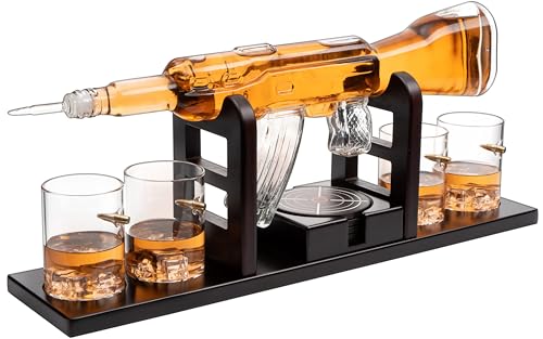 KROWN KITCHEN - Gun Whiskey Decanter Set. Includes Whiskey glasses, coasters, and wood base. Perfect Dad Gifts. For bourbon, scotch, liquor, 850ml von Krown Kitchen