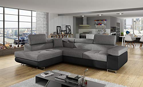 Krudox ANT Ecksofa 272x85x203 cm - Schlafsofa mit Bettkasten und Verstellbare Kopfstützen - Couch mit Stahlfüße - Sofa mit Schlaffunktion 193x125 cm - Links - Stoff Sawana 21/Soft 11 von Krudox