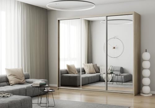 Krudox DB Eiche Schiebetürenschrank Kleiderschrank 120x216x62 cm mit Spiegel - Schlafzimmermöbel, Aufbewahrung – Mehrzweckschrank mit 2 Kleiderstangen von Krudox