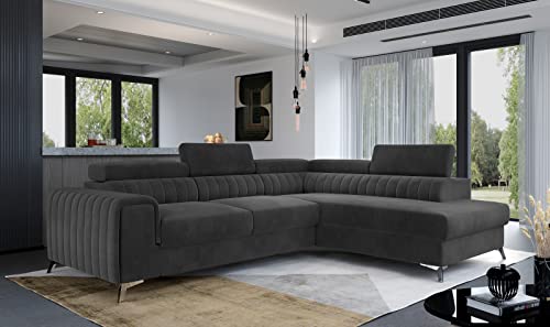 Krudox LAU Ecksofa 278x92x205 cm - Schlafsofa mit Bettkasten und Verstellbare Kopfstützen - Couch mit Stahlfüße - Sofa mit Schlaffunktion 193x123 cm - Rechts - Stoff Monolith 97 von Krudox