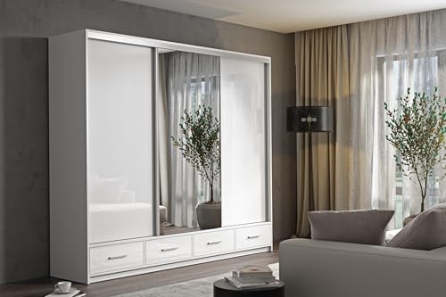 Krudox LOP Weiß Schiebetürenschrank Kleiderschrank 250x245x62 cm mit Spiegel - Schlafzimmermöbel, Aufbewahrung – Mehrzweckschrank mit 2 Kleiderstangen und 7 Schubladen von Krudox