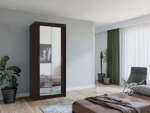 Krudox MINI Wenge Schiebetürenschrank Kleiderschrank 90x200x61 cm mit Spiegel - Schlafzimmermöbel, Aufbewahrung – Mehrzweckschrank mit Kleiderstange von Krudox