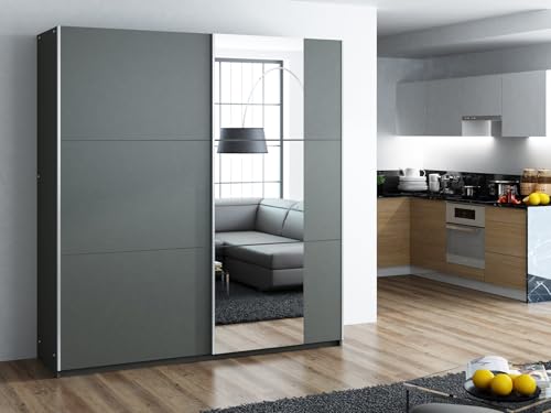 Krudox PRBS 150 cm Graphit Schwebetürenschrank Mit Spiegel Breiten 150/200 cm Kleiderschrank Für Wohnzimmer Mit 2 Kleiderstangen Farben Weiß/Graphit Krudox PRBS 150 cm Graphit Schwebetürenschrank Mit Spiegel Breiten 150/200 cm Kleiderschrank Für Wohnzimmer Mit 2 Kleiderstangen Farben Weiß/Graphit von Krudox