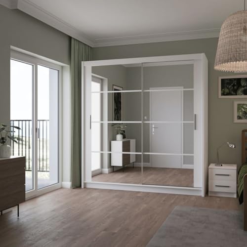 Krudox PRDK 203 cm Weiss Schwebetürenschrank Mit Spiegel Kleiderschrank Für Wohnzimmer Mit 2 Kleiderstangen Farben: Weiss/Schwarz/Graphit von Krudox