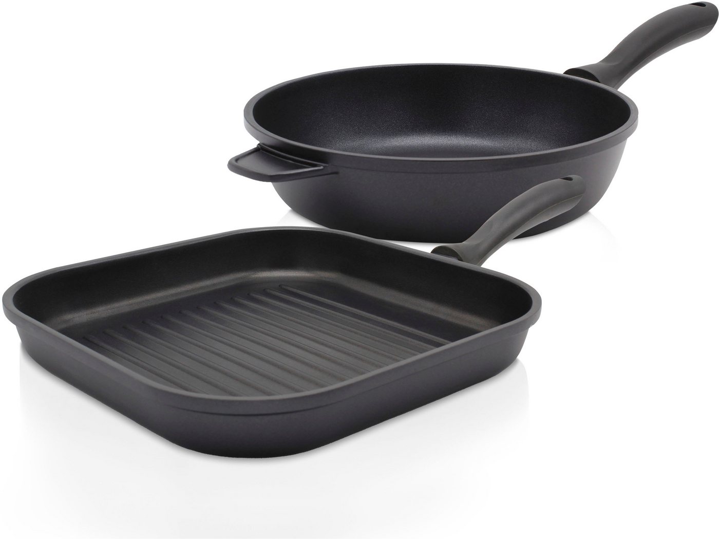 Krüger Pfannen-Set Aluguss Pfannenset LEIPZIG, 2 tlg., Aluminiumguss (Set, 2-tlg., 1x Eckpfanne 28x28 cm (H. 4,5 cm), 1x Bratpfanne Ø 24 cm (H. 6,5 cm), hochwertige Antihaft-Versiegelung von Krüger