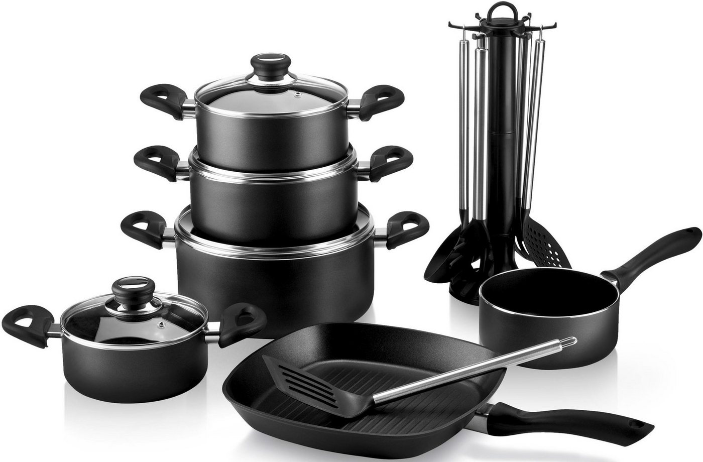 Krüger Topf-Set, Aluminiumguss (Set, 17-tlg., Fleischtopf 16/18/20/24 cm, Stieltopf 16 cm, Steakpfanne), inkl. 7-tlg. Küchenhelfer-Set von Krüger