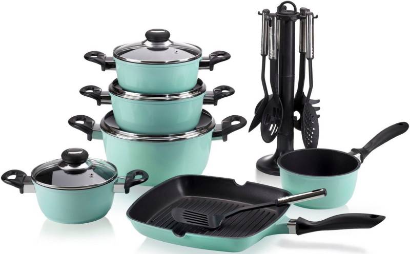 Krüger Topf-Set Aluguss Topf- und Pfannenset inkl. praktischen Küchenhelfern, 17 tlg., Aluminiumguss (Set, 17-tlg., Fleischtopf 16/18/20/24cm, Stieltopf 16cm Steakpfanne 7 T.Küchenhelfer), inkl. 7-tlg. Küchenhelfer-Set von Krüger