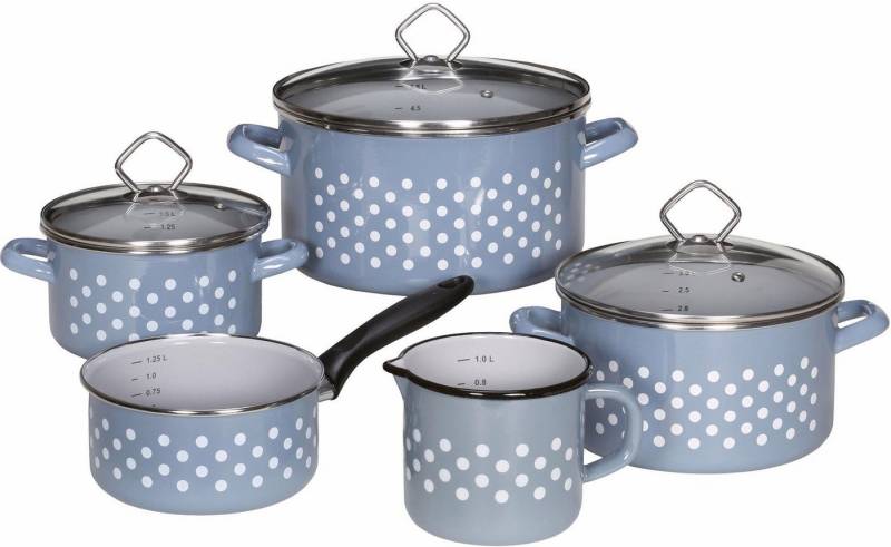 Krüger Topf-Set Emaille Topf-Set Rügen, 8 tlg., Emaille (Set, 8-tlg., Fleischtopf 16/20/24 cm mit Deckel, Stieltopf 16 cm, Milchtopf 12 cm), für Induktions-Kochfelder geeignet von Krüger
