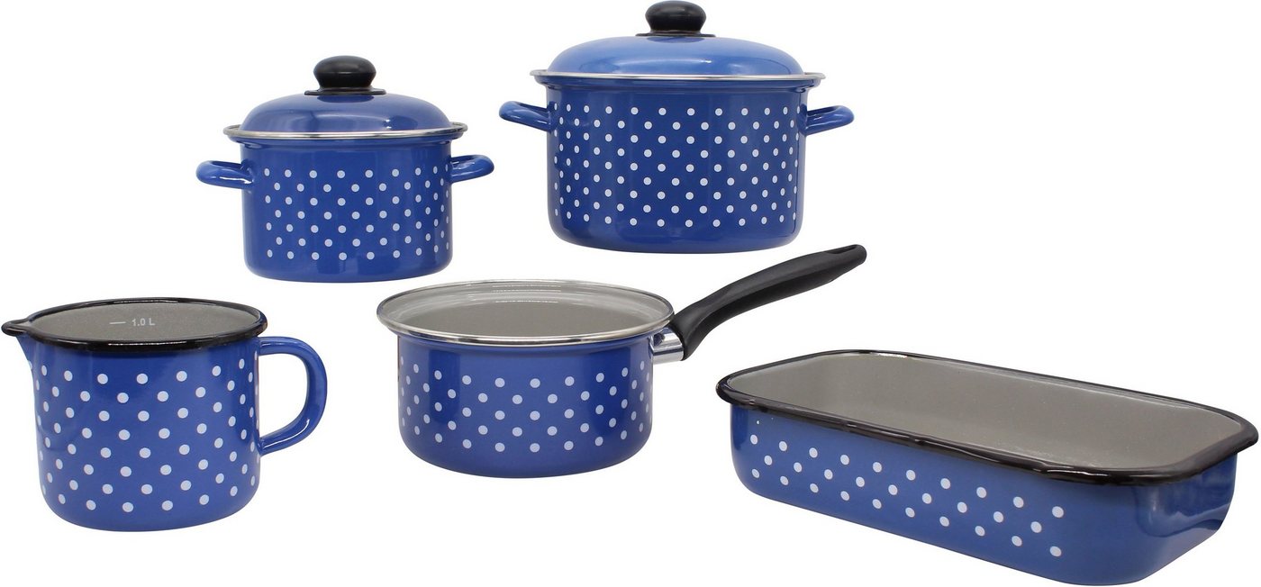 Krüger Topf-Set Italia, emailliertes Stahlblech (Set, 7-tlg., je 1 Fleischtopf Ø 16/20 cm, 1 Stieltopf Ø 16 cm, 1 Milchtopf Ø 12 cm), incl. Vierkantpfanne, Induktion von Krüger