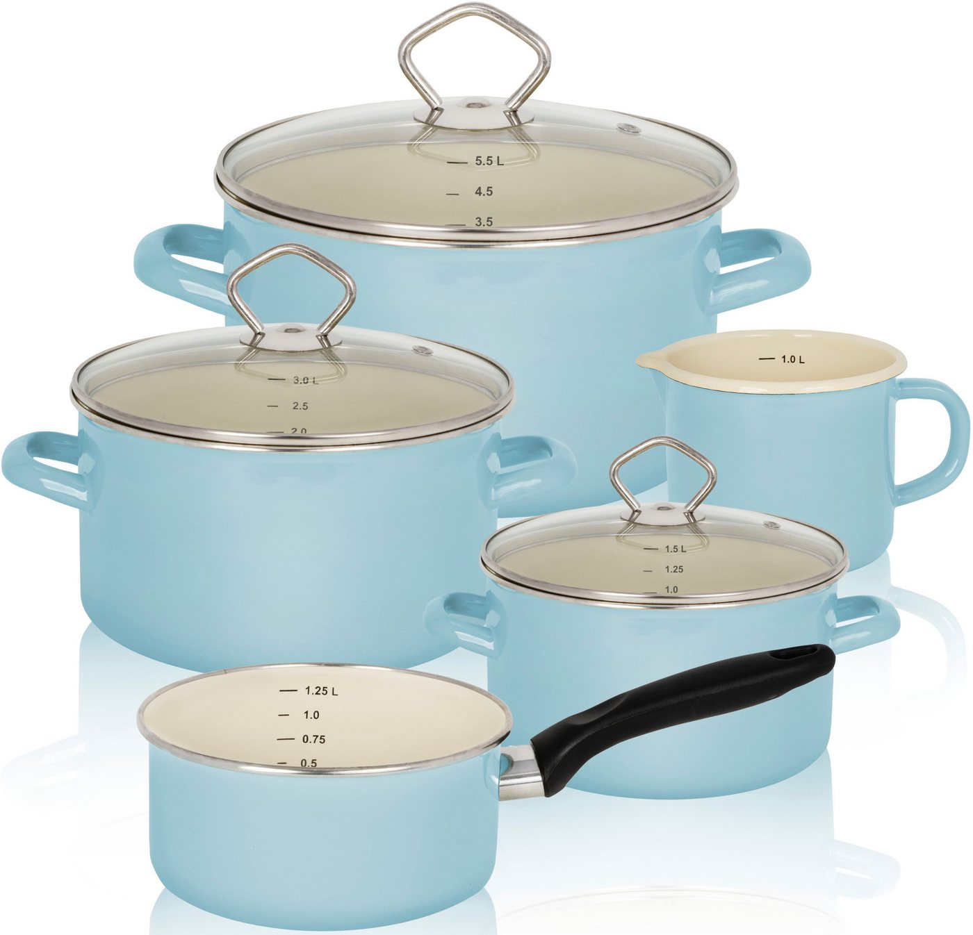 Krüger Topf-Set Sylt, Aluminiumguss, Emaille (Set, 8-tlg., Fleischtopf 16/20/24 cm, Milchtopf 12 cm, Stieltopf 16 cm), Induktion von Krüger