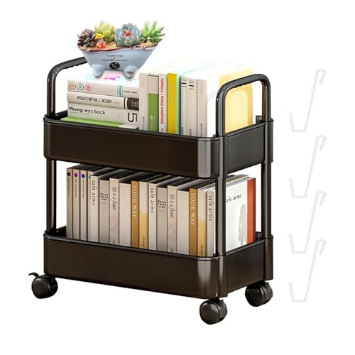 Krujecnt Beweglicher Bücherregalwagen, Bücherwagen mit Rädern - 2-stufiges bewegliches Bücherregal | Spielzeug-Aufbewahrungsregal, Snack-Aufbewahrungsregal für die Buchhandlung von Krujecnt