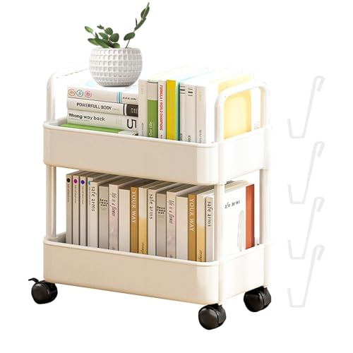 Krujecnt Rollender Bücherregalwagen, beweglicher Bücherregalwagen | 2-stufiges bewegliches Bücherregal für den Haushalt | Aufbewahrungswagen für Snacks und Spielzeug, Bücherregal mit Rädern für den von Krujecnt
