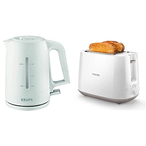 Krups BW2441 Wasserkocher Pro Aroma | 1,6 L Fassungsvermögen | 2.400 W | Beleuchteter Ein-/ Ausschalter | Weiß & Philips HD2581/00 Toaster, integrierter Brötchenaufsatz, 8 Bräunungsstufen, weiß von Krups