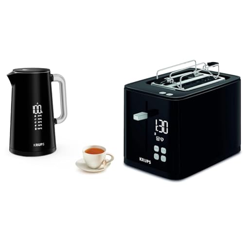 Krups BW8018 Smart'n Light Elektrischer Wasserkocher | 5 Temperaturstufen |30 Min. Warmhaltefunktion |1,7 L Fassungsvermögen | Schwarz & KH6418 Smart'n Light Toaster | Zwei-Scheiben-Toaster | Schwarz von Krups