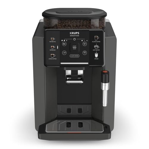 Krups Sensation Kaffeevollautomat, Milchschaumdüse, 5 Getränke, Filterkaffee-Funktion, 2-Tassen-Funktion, Kaffeemaschine, Schwarz, Made in France, EA910810 von Krups