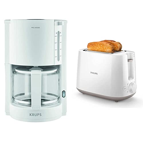 Krups F30901 Filterkaffeemaschine ProAroma | Glaskanne | Warmhaltefunktion | 10 Tassen | 1.050 W | Weiß & Philips HD2581/00 Toaster, integrierter Brötchenaufsatz, 8 Bräunungsstufen, weiß von Krups