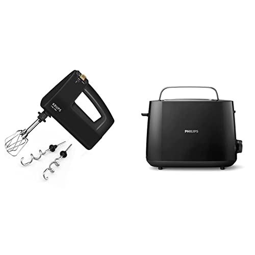 Krups F60858 3 MIX 7000 Handmixer 60 Jahre Edition | 500W |ergonomischer Griff | 1,65m-langes Kabel & Philips Toaster – 2 Toastschlitze, 8 Stufen, Brötchenaufsatz, Auftaufunktion, schwarz von Krups