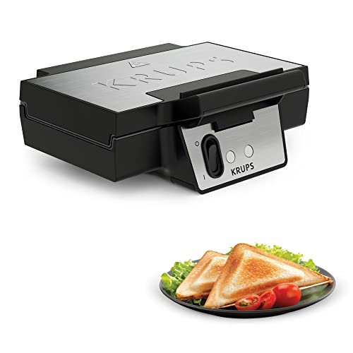 Krups FDK453 Sandwichmaker | Dreieckform | Antihaftbeschichtung | tiefe 25x12 cm XL-Platten | vertikale Verstaufunktion | Kabelaufbewahrung | wärmeisolierter Griff | Edelstahl/Schwarz von Krups