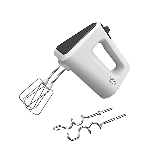 Krups GN4001 3 Mix 4000 Handmixer | 450 Watt | robustes Design | variabler Geschwindigkeitsregler | Turbo- und Auswurf-Funktion | inkl. 2 Rührbesen und 2 Knethaken | Weiß/Grau von Krups