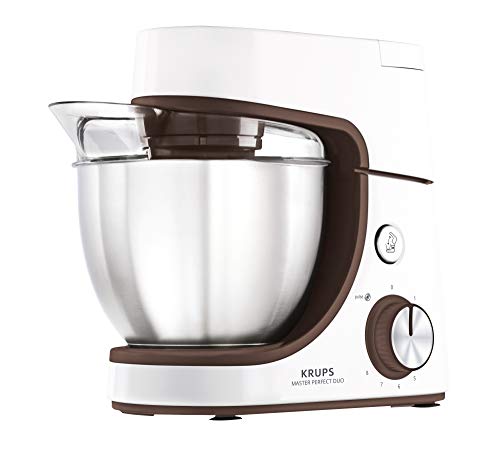 Krups KA51K1 Master Perfect Duo Küchenmaschine c 1100 Watt | 5 Geschwindigkeiten | Pulse-Funktion | 4,6 Liter Edelstahl-Schüssel | inkl. Kinder-Backset und Gebäck-Kit | Weiß/Braun von Krups