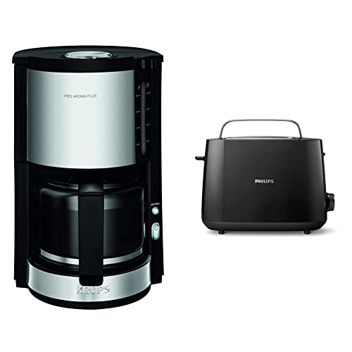 Krups KM3210 Pro Aroma Plus Filterkaffeemaschine | 10 Tassen | 1,25 L Schwarz mit Edelstahlapplikationen & Philips HD2581/90 Toaster, integrierter Brötchenaufsatz, 8 Bräunungsstufen, schwarz von Krups
