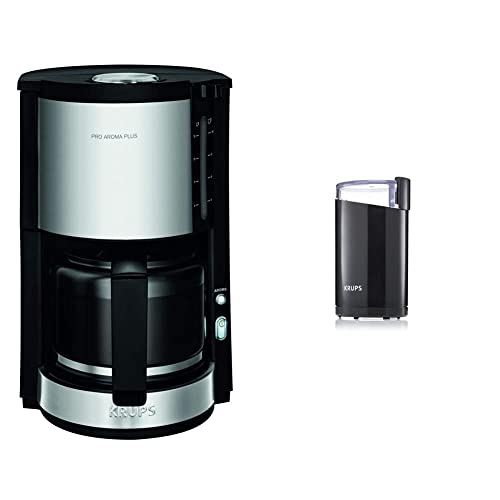 Krups KM3210 Proaroma Plus Filterkaffeemaschine | 10 Tassen | 1100 Watt | Schwarz mit Edelstahlapplikationen & F20342 Kaffeemühle und Gewürzmühle in Einem 75g Füllmenge Schwarz von Krups