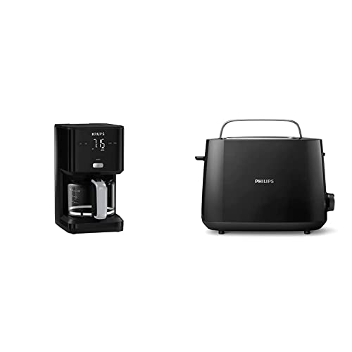 Krups KM6008 Smart'n Light Kaffeemaschine | mit Timer |intuitives Display | 1,25 L Fassungsvermögen für bis zu 15 Tassen Kaffee | schwarz & Philips Toaster – 2 Toastschlitze, 8 Stufen, schwarz von Krups