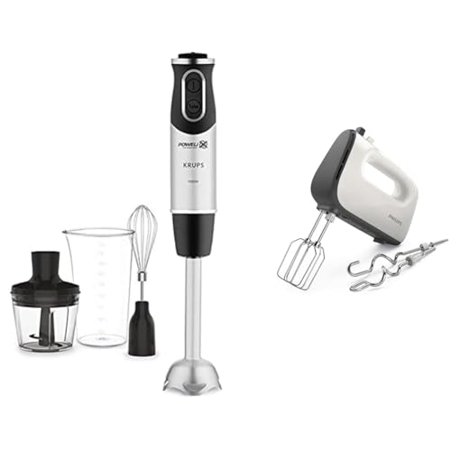 Krups Perfect Mix Stabmixer HZ6568 | Blender | 1000 Watt | Wdelstahlfuß 500 ml Zerkleinerer | 800 ml Messbecher | Edelstahl/dunkelgrau & Philips HR3741/00 Handmixer (450 Watt) weiß/schwarz von Krups