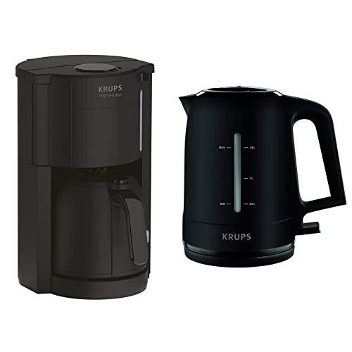 Krups Pro Aroma KM3038 | Filterkaffeemaschine 1 Liter | Fassungsvermögen mit Thermokanne | 800 Watt |schwarz & BW2448 Wasserkocher Pro Aroma | 1,6 L Fassungsvermögen | 2.400 W | Schwarz von Krups