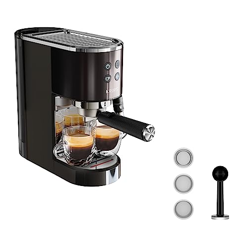 Krups XP444G Virtuoso+ Espresso-Siebträgermaschine | 15 bar Pumpendruck | 3 Crema-Filter | Edelstahl-Dampfdüse | intuitives Bedienfeld | Drehregler | inkl. Dosierlöffel/Tamper | Chrom/Schwarz von Krups